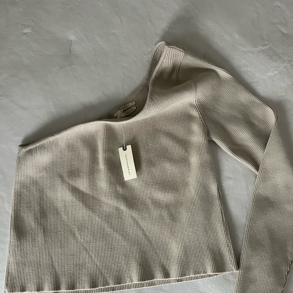 Anthropologie Ribbed Knit One Shoulder Sweater in Cream
